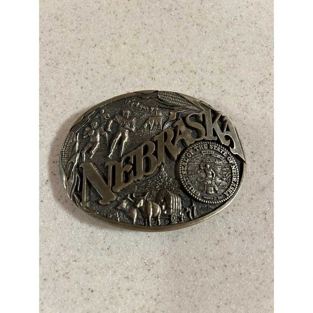 Brass Nebraska Belt Buckle State Seal Football Vtg 80s Award‎ Design Medals